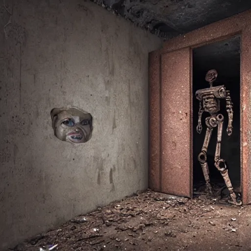 Prompt: photo of an abandoned dirty humanoid robot looking at the camera and smiling with a creepy face in a basement by Greg Rutkowski, dark, creepy, horror, disgusting, dust, brown scheme color, uncanny valley, full shot, photo photo, depth of field, red eyes