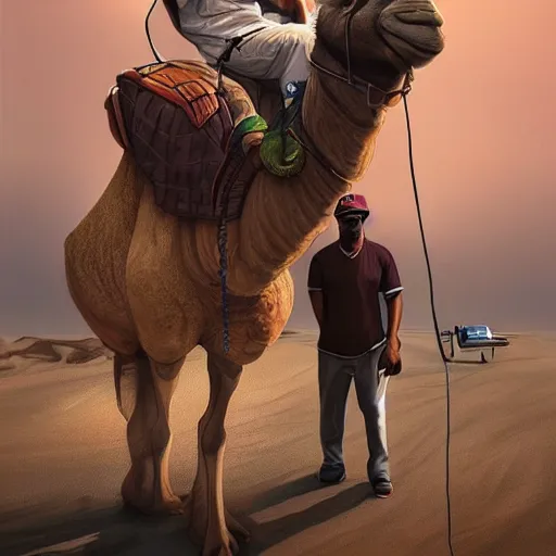 Prompt: portrait of jay - z riding and a camel in brooklyn new york, yankee baseball hat, sand desert fantasy, matte painting, highly detailed, art by artgerm, artstation