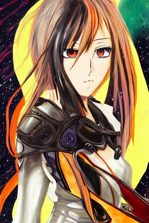 Image similar to a detailed painting in the style of anime of a galactic female warrior