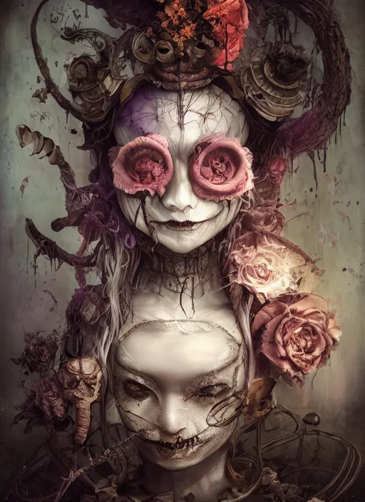 Image similar to Alice attends Mad Tea Party, Cheshire Cat, Mad hatter,highly detailed,half skull face,cinematic,8k,by Stanley Artgermm,Tom Bagshaw,Greg Rutkowski,Carne Griffiths, Ayami Kojima, Beksinski, Giger,trending on DeviantArt,hyper detailed,horror, full of colour