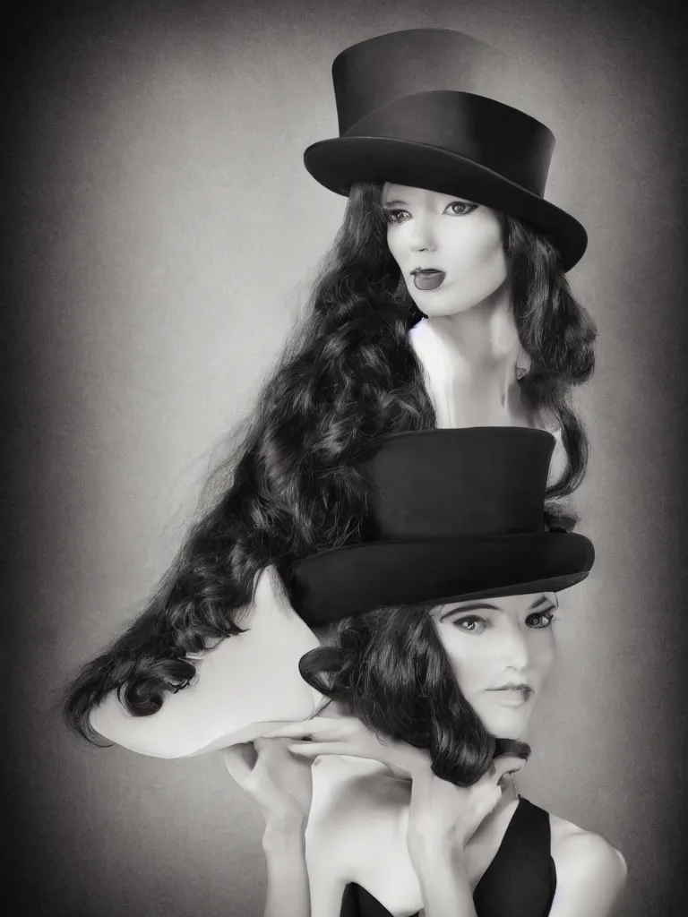 Image similar to elegant long hair lady wearing gentleman suit and tophat portrait photorealism noir