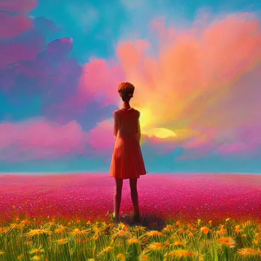 Prompt: giant daisy flower as head, full body girl standing in a vast flower field, surreal photography, sunrise, dramatic light, impressionist painting, colorful clouds, digital painting, artstation, simon stalenhag