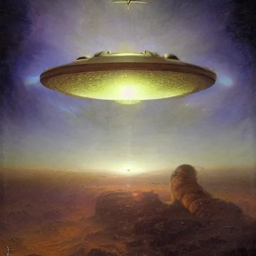 Image similar to unpublished photo of UFO, by John Howe & Quentin Mabille & Dmitry Zaviyalov & Albert Bierstadt, hyperdetailed, photorealistic