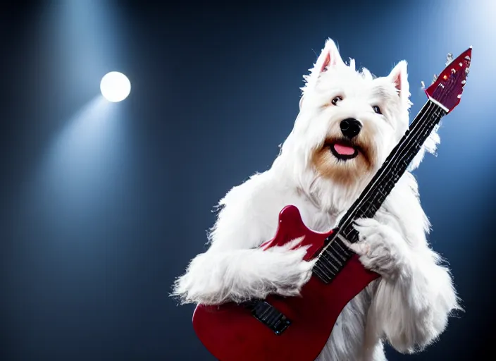 Image similar to photo still of an anthropomorphic westie!!!!!!! shredding a guitar on stage, 8 k, 8 5 mm f 1. 8, studio lighting, rim light, right side key light