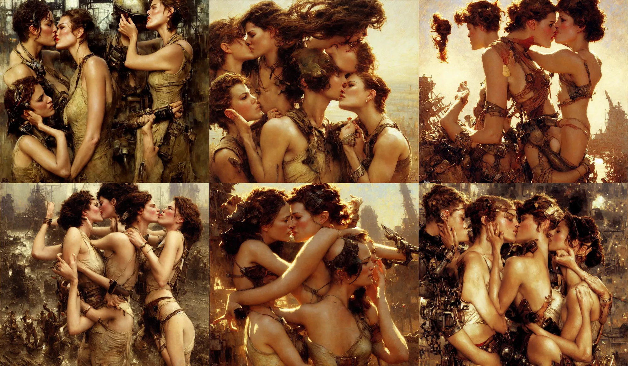 Prompt: natalie portman + milla jovovich kissing, ship breaking in bangladesh, dieselpunk, painting by gaston bussiere, craig mullins, j. c. leyendecker