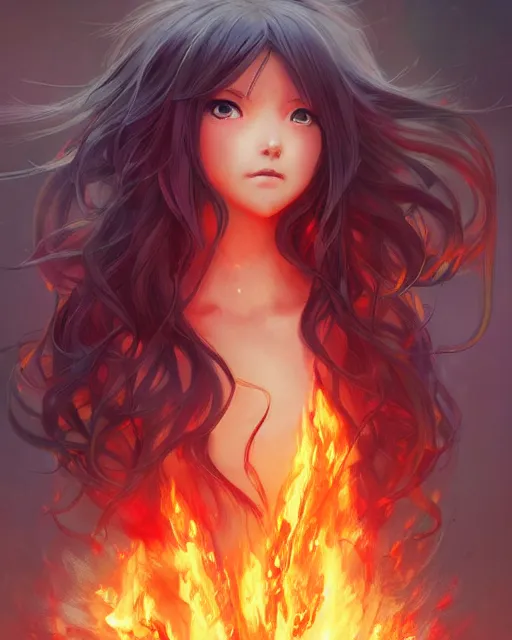 Image similar to beautiful long haired anime girl, fire dress, full body photo, flames everywhere, highly detailed, digital painting, artstation, concept art, smooth, sharp focus, illustration, art by artgerm and greg rutkowski and alphonse mucha