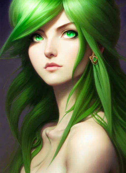 Image similar to portrait, from left, head and body, palutena, piercing green eyes, green hair, concept art, unreal engine, by rossdraws, frank franzzeta, intricate, masterpiece, elegant, hyper, concept art, smooth, sharp focus, illustration, art by artgerm and greg rutkowski and alphonse mucha and garis edelweiss