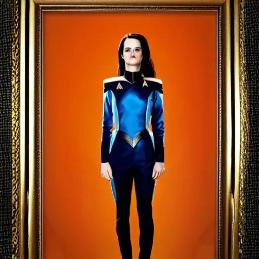 Prompt: a full body portrait of eva green as a star fleet officer from star trek next generation, ultra rendered, extreme realism and detail, 8 k, highly detailed, realistic, completely framed, hyper realistic, colorful, direct lighting, 3 5 mm photo, photorealistic, sharp focus