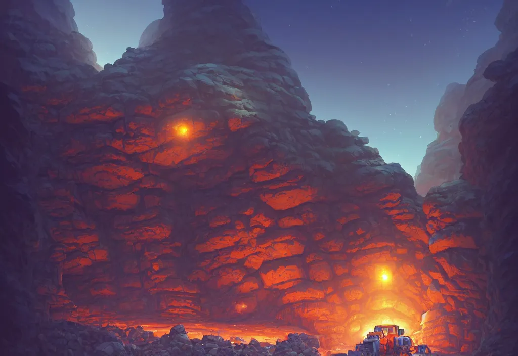 Image similar to chubby futuristic mining cart in a dark cave with piles of rocks in the background, intricate oil painting, high detail illustration, sharp high detail, manga and anime 1 9 9 9, official fanart behance hd artstation by jesper ejsing and makoto shinkai, 4 k,