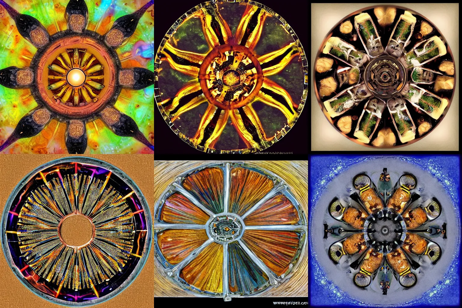Prompt: As I looked at the living creatures, I saw a wheel on the ground beside each creature with its four faces. This was the appearance and structure of the wheels: They sparkled like topaz, and all four looked alike. Each appeared to be made like a wheel intersecting a wheel. As they moved, they would go in any one of the four directions the creatures faced; the wheels did not change direction as the creatures went. Their rims were high and awesome, and all four rims were full of eyes all around.