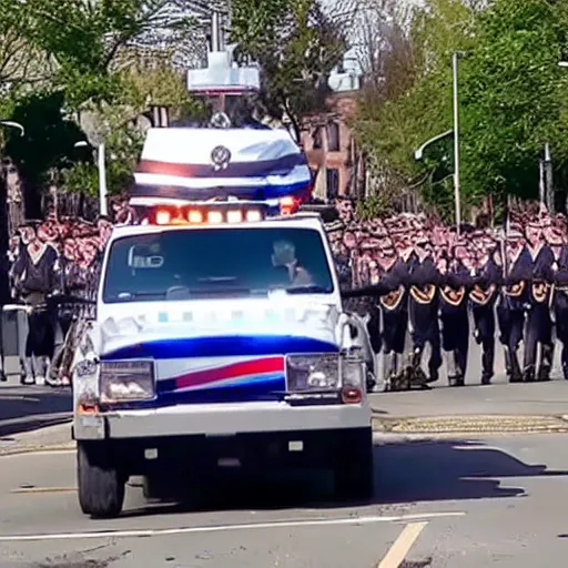 Image similar to giant english bulldog with police escort at parade, live footage, 4 k