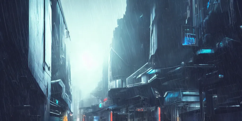 Prompt: a futuristic exterior mass effect and bladerunner building, large pipes, metal cladding wall, lots of wires, very narrow street, environment fog, dark and moody