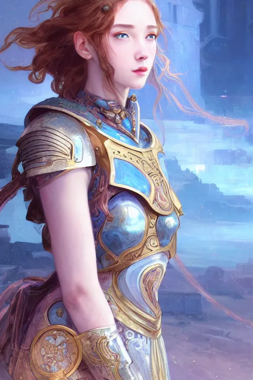 Prompt: portrait young knights of Zodiac girl, rose golden and ice blue reflected armor, in ruined Agora of Athens Sunrise, ssci-fi and fantasy, intricate and very very beautiful and elegant, highly detailed, digital painting, artstation, concept art, smooth and sharp focus, illustration, art by tian zi and WLOP and alphonse mucha