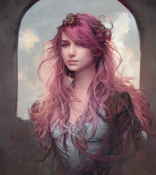 Image similar to full portrait of a young, attractive woman, soft hair, muscular, half body, cloth, pink hair, d & d, fantasy, intricate, elegant, highly detailed, digital painting, artstation, concept art, smooth, sharp focus, illustration, art by artgerm and greg rutkowski and alphonse mucha