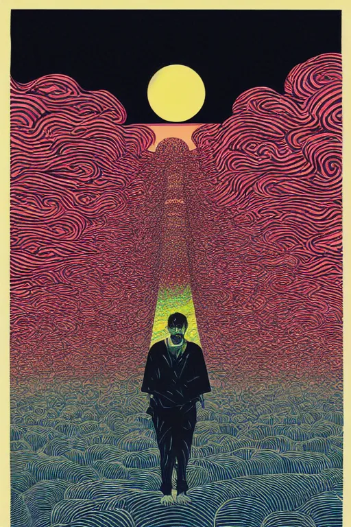 Prompt: man eats a tab of LSD acid on his tongue and dreams psychedelic hallucinations, screenprint by kawase hasui, alex grey and dan hillier, colorful flat design, hd, 8k