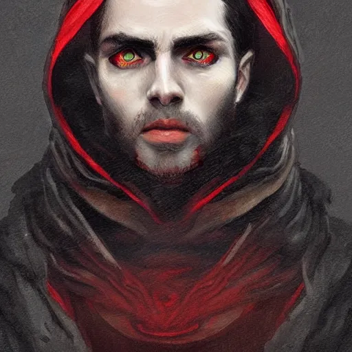 Prompt: portrait painting of a handsome Catholic priest with red eyes, dark, intricate details, highly detailed, concept art, trending on artstation, award-winning. Art by Loran DeSore and Merwild