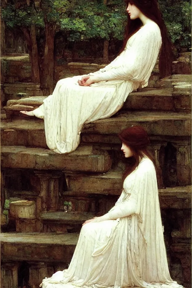 Image similar to beautiful woman in white robes by john william waterhouse, preraphaelite style