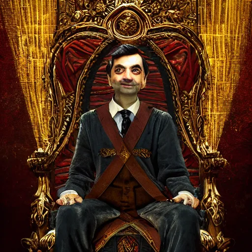 Prompt: A portrait of Mr. Bean depicted as a medieval king on throne, very close-up shot, atmospheric lighting, painted, intricate, volumetric lighting, beautiful, rich deep colours masterpiece, golden hour, sharp focus, ultra detailed, by Leesha Hannigan, Ross Tran, Thierry Doizon, Kai Carpenter, Ignacio Fernández Ríos