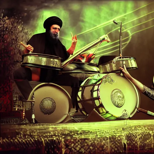 Prompt: khamenei playing drums in heavy metal band in heaven, high definition, trending on artstation, unreal engine, photorealistic, high resolution,, trending on deviantart, hdr, hyper detailed, insane details, intricate, elite, ornate, elegant, luxury, dramatic lighting