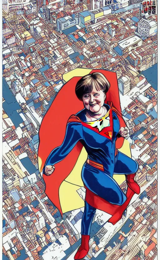 Image similar to illustration of angela merkel as superwoman by katsuhiro otomo