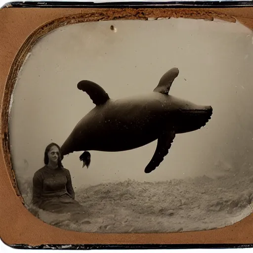 Image similar to underwater tintype photo of whale eating a mermaid