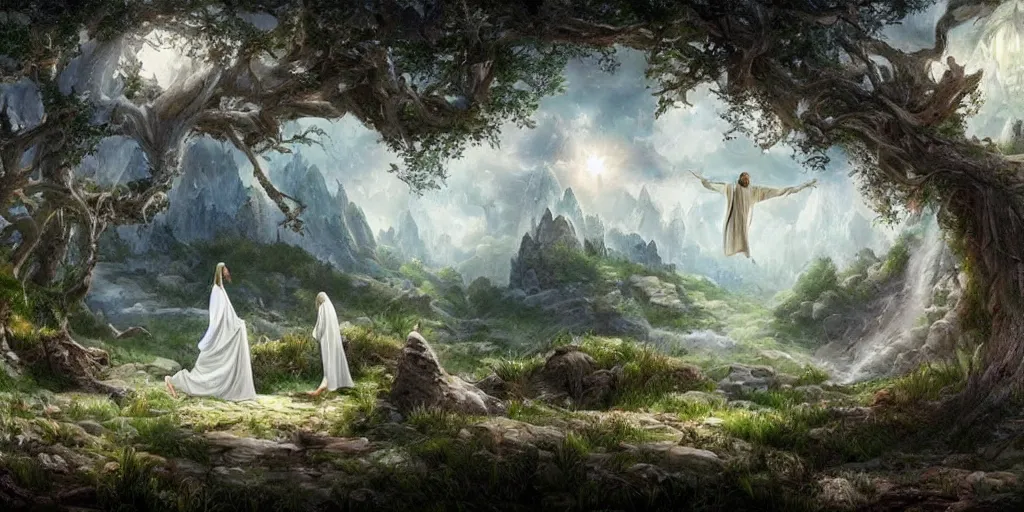Prompt: a fantasy landscape with white beautiful trees and jesus, jesus christ, perfect faces