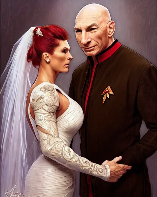 Image similar to Painting of Jean Luc Picard and Jodie Marsh getting married, real life skin, intricate, elegant, highly detailed, artstation, concept art, smooth, sharp focus, art by artgerm and greg rutkowski and alphonse mucha