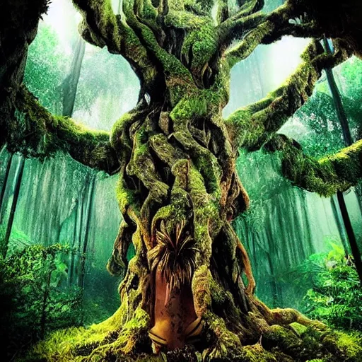 Image similar to horrific, spectacular tree in a densely overgrown jungle, fantasy, dreamlike sunraise, ultra realistic