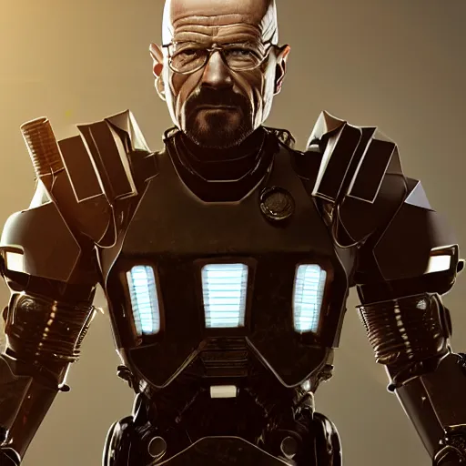 Image similar to Walter White in cybernetic battle armour with shields, 4k octane render, highly detailed, concept art