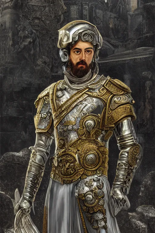 Image similar to portrait Emperor Marcus Aurelius, metallic Silver and ice color reflected armor, in ruined Agora of Athens, ssci-fi, fantasy, intricate, very very beautiful, elegant, golden light, highly detailed, digital painting, artstation, concept art, smooth, sharp focus, illustration, art by WLOP and tian zi and alphonse mucha