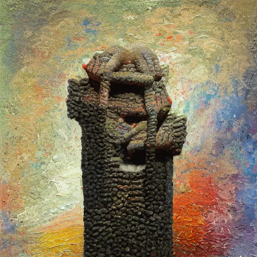 Prompt: a detailed, impasto painting by shaun tan and louise bourgeois of an abstract forgotten sculpture by ivan seal and the caretaker, weirdcore folk album cover artstation behance hd unsplash contest winner