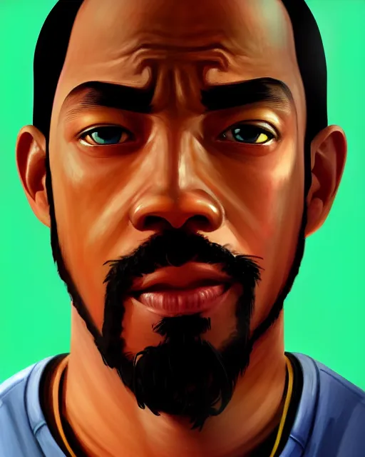 Image similar to painting portrait of cj from gta san andreas, cartoon, warm lighting. movie poster, illustration by bartek fedyczak, erak note, tooth wu, neil richards, kan liu, siwoo kim, jisu choe, trending on art station