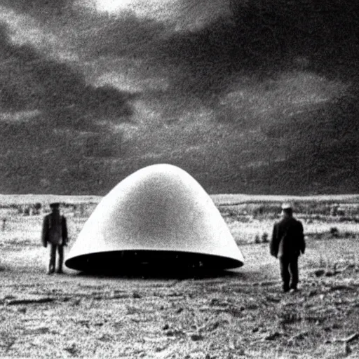 Prompt: old photograph of an alien spaceship landing, aliens getting out and greeting humans