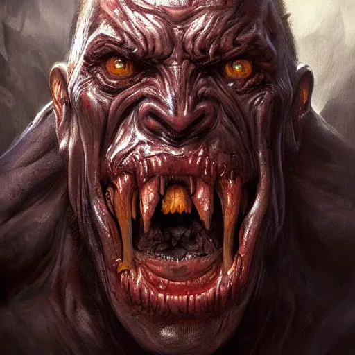 Image similar to Dark Fantasy Painting of a hulking muscular demonic flesh creature with drool dripping from its mouth, creepy, unsettling, horror, upper body, intricate, wild, highly detailed, digital painting, artstation, concept art, smooth, sharp focus, illustration, art by artgerm and greg rutkowski and alphonse mucha