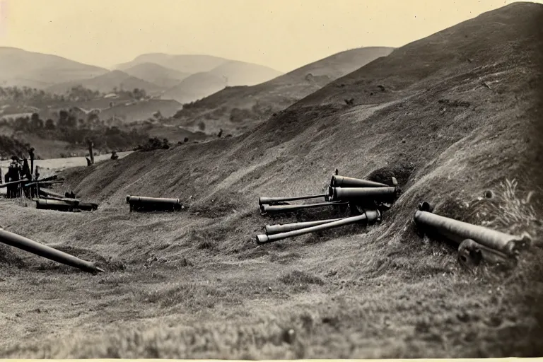 Image similar to ww 1 artillery pieces entrenched with a beautiful background of hills and mountains, black and white photography, 1 9 0 5