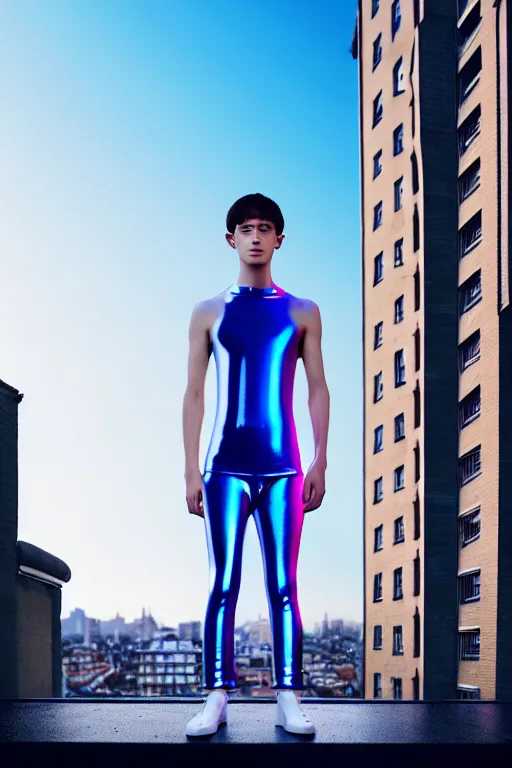 Image similar to un ultra high definition studio quality photographic art portrait of a young man standing on the rooftop of a british apartment building wearing soft baggy inflatable padded silver iridescent pearlescent clothing. three point light. extremely detailed. golden ratio, ray tracing, volumetric light, shallow depth of field. set dressed.