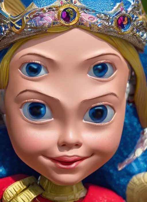 Image similar to closeup face profile portrait of a tin toy greta thunberg as supergirl as a fairytale princess wearing a crown, bikini, depth of field, zeiss lens, detailed, fashion photoshoot, by nicoletta ceccoli, mark ryden, lostfish, breathtaking, 8 k resolution, extremely detailed, beautiful, establishing shot, artistic, hyperrealistic, octane render