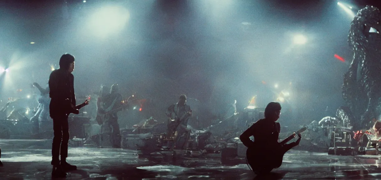 Image similar to The wide shot of disco rock Asian band with long dark hair playing on guitars while Godzilla and aliens destructs the night city, Godzilla on the horizon line, by Lubezki, Christopher Doyle and David Lynch, anamorphic 35 mm lens, cinematic, anamorphic lens flares 4k