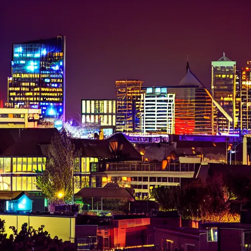 Image similar to Christchurch city skyline at night, cyberpunk style