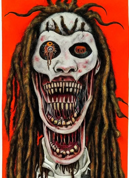Image similar to a horror portrait of art brut by a psycho man with dreadlocks, full color outsider crazy marginal art