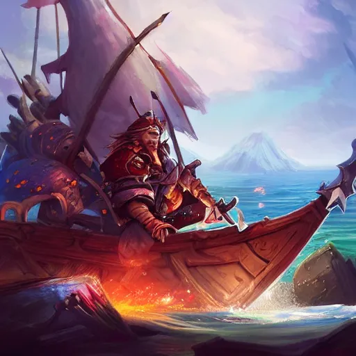 Image similar to arcane style viking battleship, viking cannons, viking spears and axes. spear and axes, sea background, bright art masterpiece artstation. 8 k, sharp high quality artwork, concept art by tooth wu, blizzard warcraft artwork, hearthstone card artwork