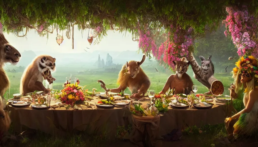 Prompt: a table dinner of exotic animals where animals are dressed like the characters from the midsommar movie wearing flowers, realistic detailed digital art by maxwell boas jessica rossier christian dimitrov anton fadeev trending on artstation cgsociety rendered in unreal engine 4 k hq