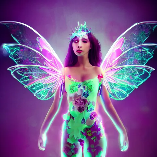 Image similar to cyberpunk fairy princess clothing store in a woodland grove, neon wings beautiful colorful pretty artistic 4 k artstation trending dramatic lighting realistic floral garden blooming flowers