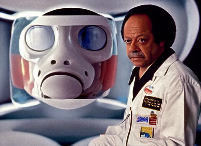 Image similar to film still of 1978 Cheech Marin as Dr. Dave Bowman in 2001 A Space Odyssey