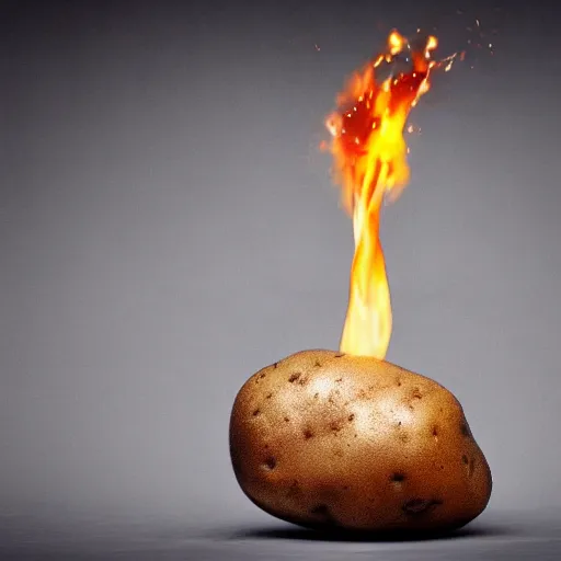 Prompt: a potato on fire, white background