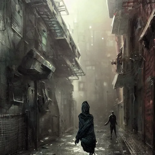 Prompt: sadie sink in oversized hoodie quickly runs by us | a scary robot runs towards us | background : alleyway near decaying tenements. concept art for scifi dystopian film. by nikolay makovsky, bob byerley, wadim kashin, andrea kowch. cinematic moody atmosphere, detailed and intricate, perfect anatomy