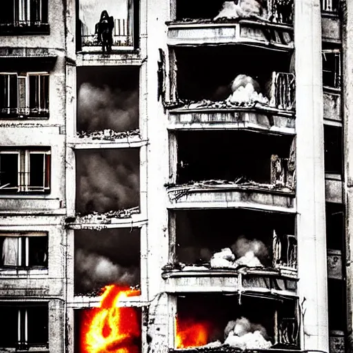 Image similar to “a portal from hell erupts in down town Paris as buildings explode with lava, citizens are possessed, the undead rise from the ground, and Michael Caine sips his espresso. Photography”