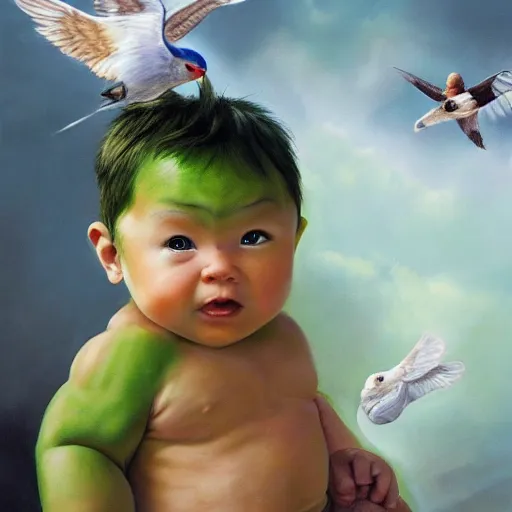 Prompt: a baby hulk with wings flying with birds, oil on canvas, portrait, intricate, 8k highly professionally detailed, HDR, CGsociety