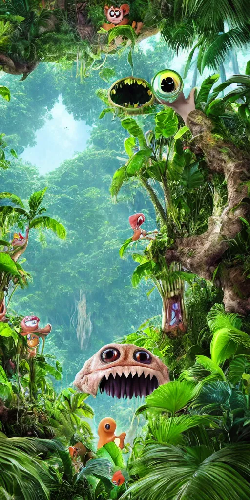 Image similar to of a tropical rainforest lake with strange cute friendly happy creatures with huge eyes, mouth, long tongue, round teeth and goofy face, appearing from the treesl, in the style of gehry and gaudi, macro lens, shallow depth of field, ultra detailed, digital painting, trending artstation, concept art, illustration, cinematic lighting, photorealism, epic, octane render