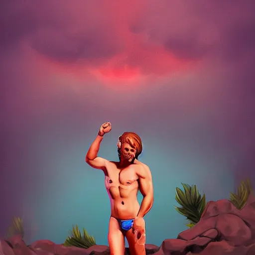 Image similar to a male devil wears a swimming trunks , hell, landscape, pride, rainbow, environment, artstation